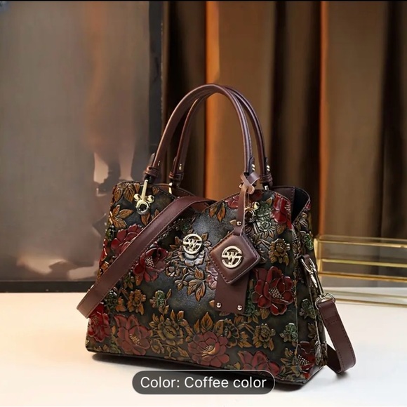 Floral Embossed Leather Shoulder Bag - Coffee - Picture 8 of 10